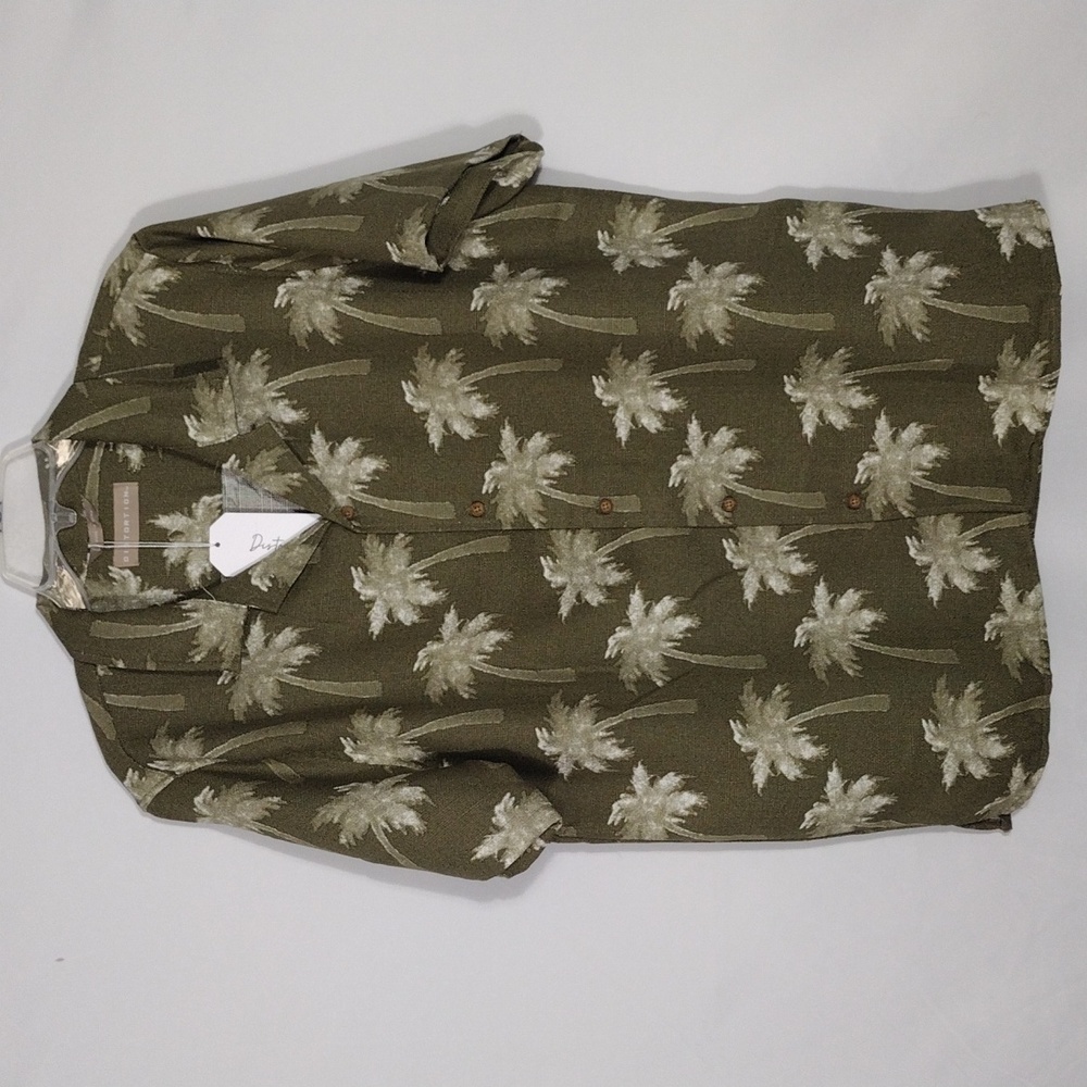 NWT Distortion Burnt Olive Linen Like Palm Tree Short Sleeve Mens Size Large